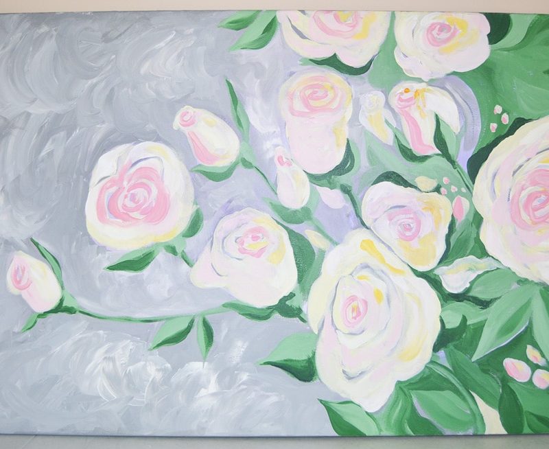 Original white and pink roses large floral canvas painting by artist Michelle Mospens. | Mospens Studio