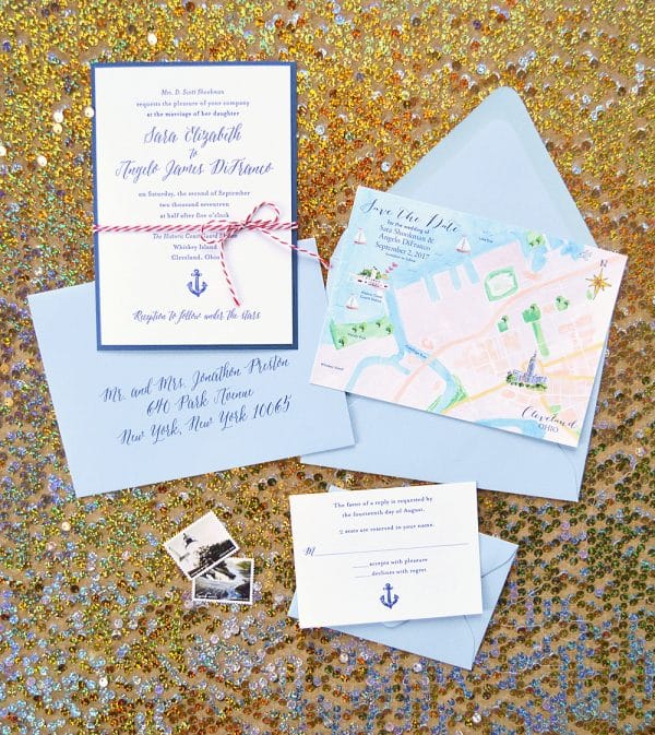 Nautical wedding invitation suite with hand-painted map by artist Michelle Mospens. | Mospens Studio