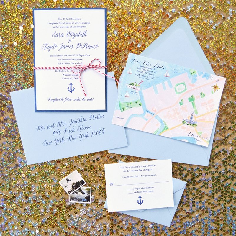 Nautical wedding invitation suite with hand-painted map by artist Michelle Mospens. | Mospens Studio