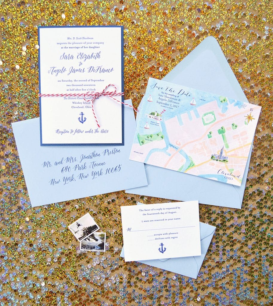 Nautical wedding invitation suite with hand-painted map by artist Michelle Mospens. | Mospens Studio