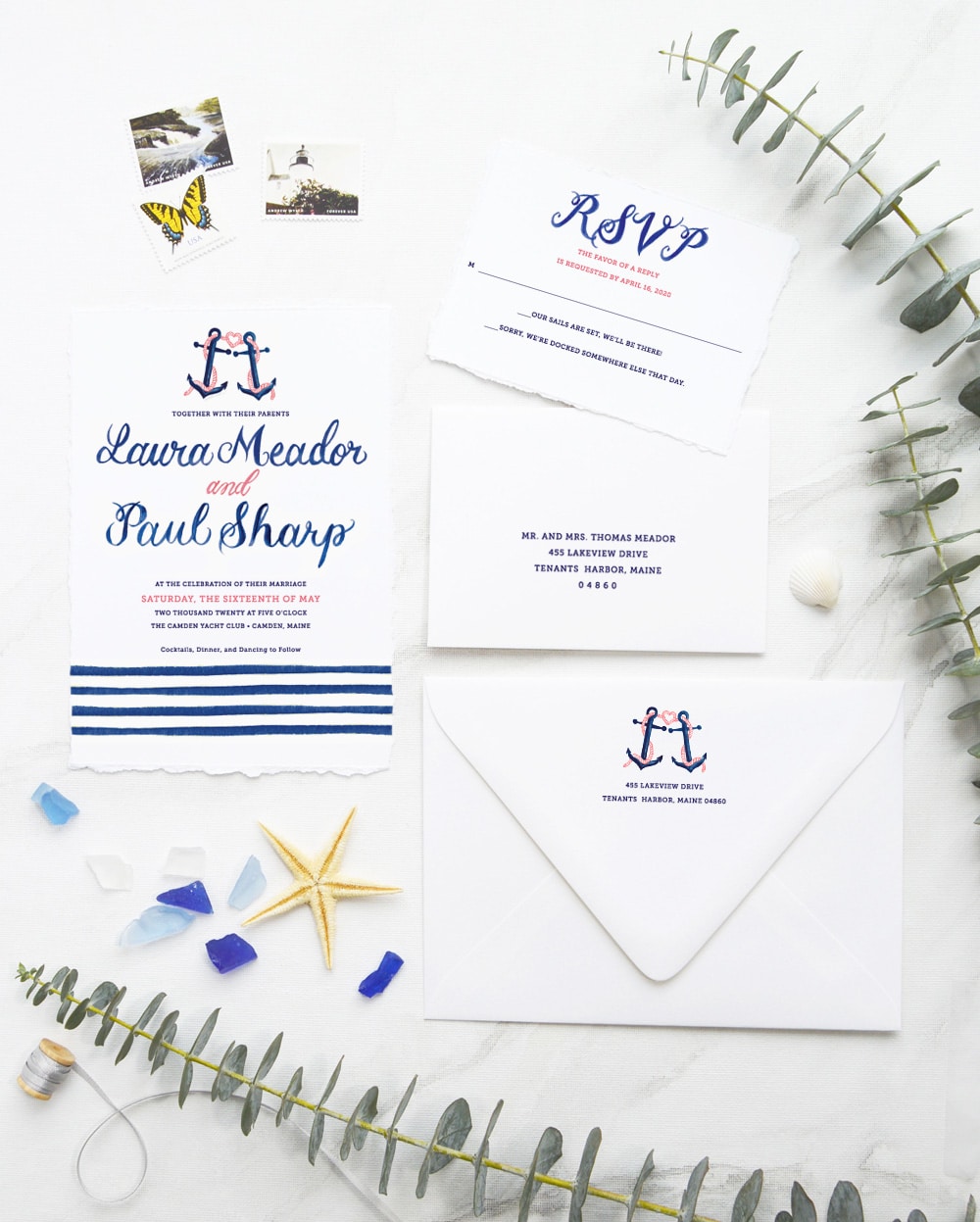 27 Sea-worthy Nautical Wedding Invitations. Anchors and watercolor brush calligraphy invitation suite by artist Michelle Mospens. | Mospens Studio