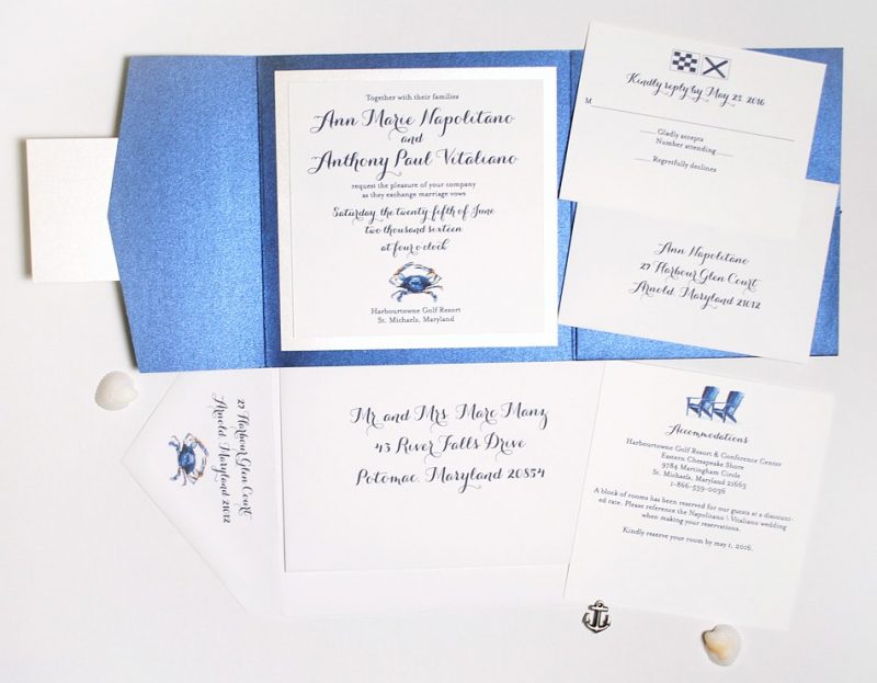 Blue crab wedding invitation suite by artist Michelle Mospens. | Mospens Studio