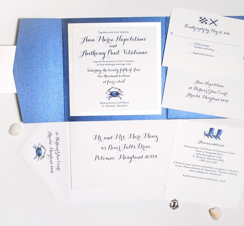 Blue crab wedding invitation suite by artist Michelle Mospens. | Mospens Studio