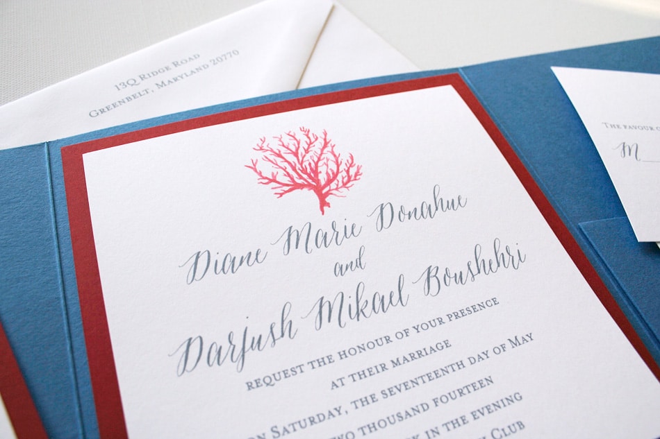 27 Sea-worthy Nautical Wedding Invitations. Watercolor Coral nautical wedding invitations by Mospens Studio.