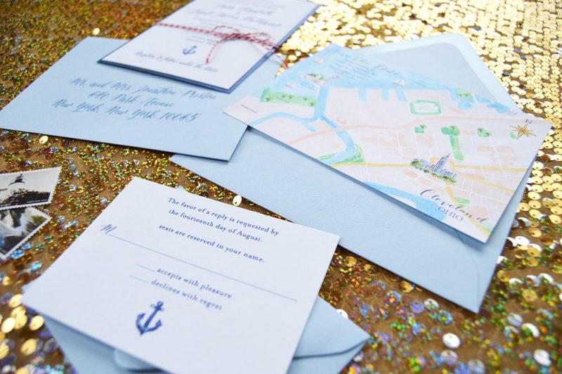 Nautical wedding invitation suite with hand-painted map by artist Michelle Mospens. | Mospens Studio