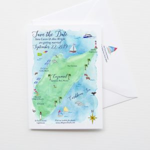 Illustrated watercolor Cozumel Mexico wedding map save the date cards by artist Michelle Mospens. - Mospens Studio