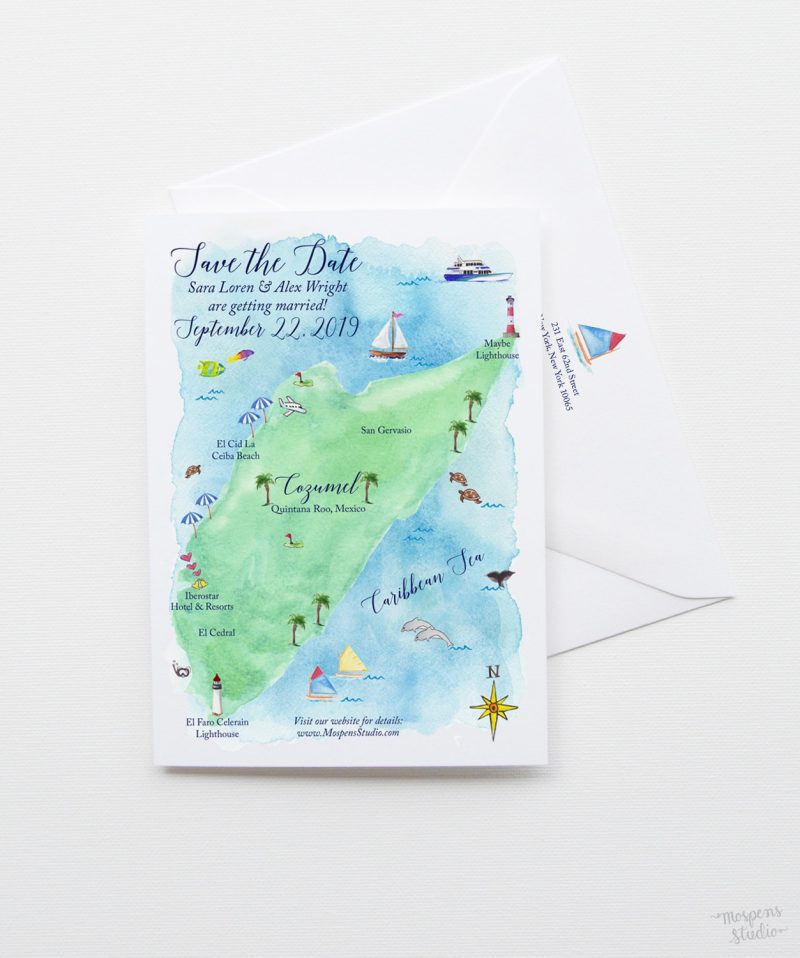 Illustrated watercolor Cozumel Mexico wedding map save the date cards by artist Michelle Mospens. - Mospens Studio