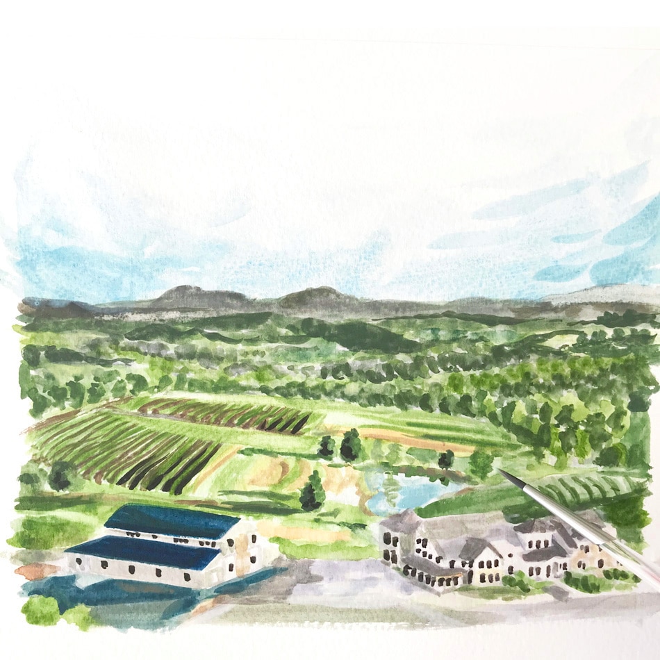 Hand-painted watercolor wedding venue and landscape by artist Michelle Mlospens. MospensStudio.com