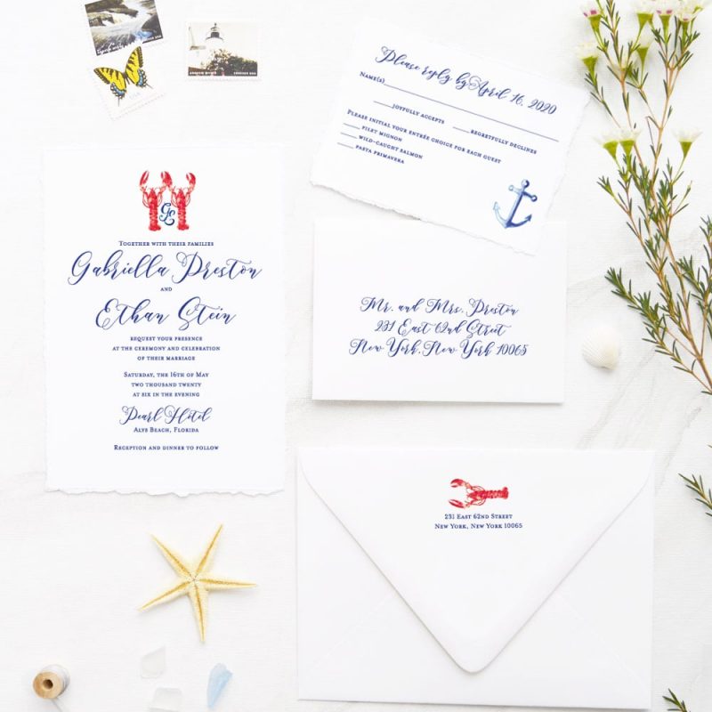 Lobster monogram and anchor nautical wedding invitations by Mospens Studio.