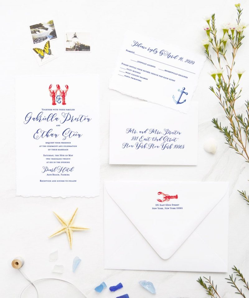 Lobster monogram and anchor nautical wedding invitations by Mospens Studio.