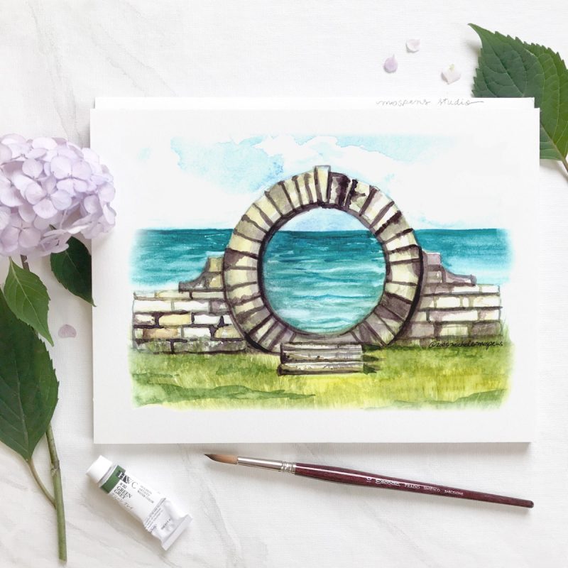 Hand-painted watercolor Bermuda Moongate by artist Michelle Mospens. - Mospens Studio