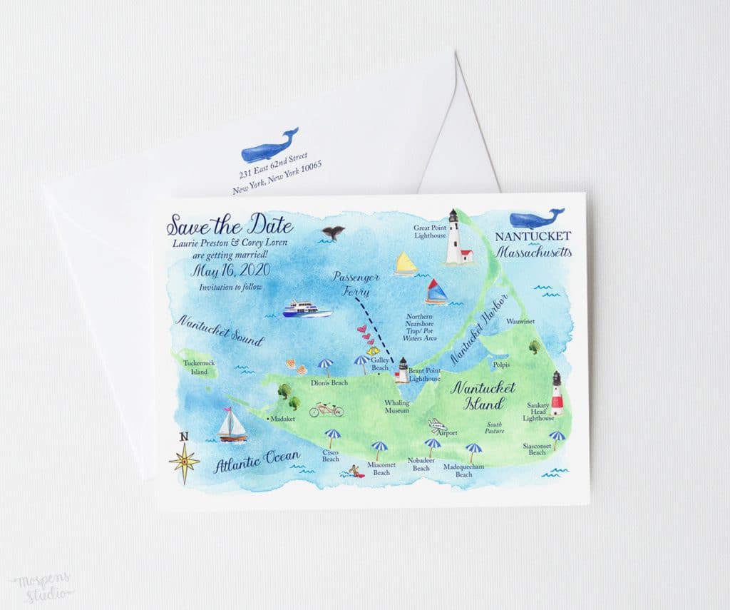 Fun & creative illustrated watercolor Nantucket, Massachusetts map save the date cards by artist Michelle Mospens. - Mospens Studio