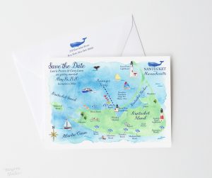 Fun & creative illustrated watercolor Nantucket, Massachusetts map save the date cards by artist Michelle Mospens. - Mospens Studio