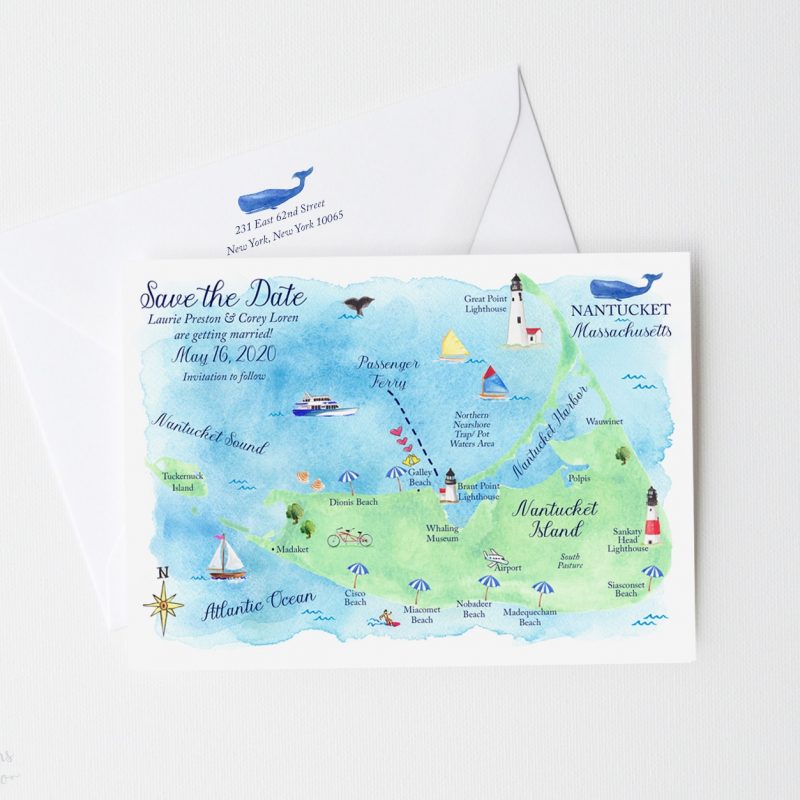 Fun & creative illustrated watercolor Nantucket, Massachusetts map save the date cards by artist Michelle Mospens. - Mospens Studio