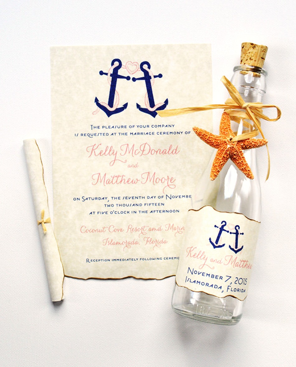 27 Sea-worthy Nautical Wedding Invitations. Creative anchor nautical bottle wedding invitations by Mospens Studio.