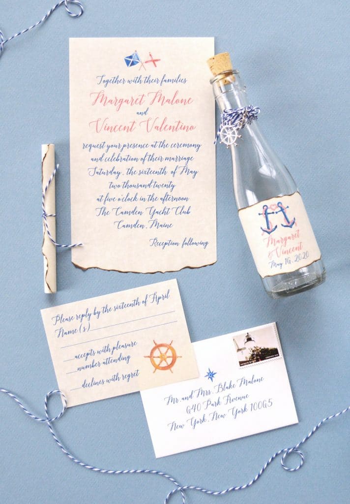 Creative nautical bottle wedding invitations by artist Michelle Mospens. | Mospens Studio