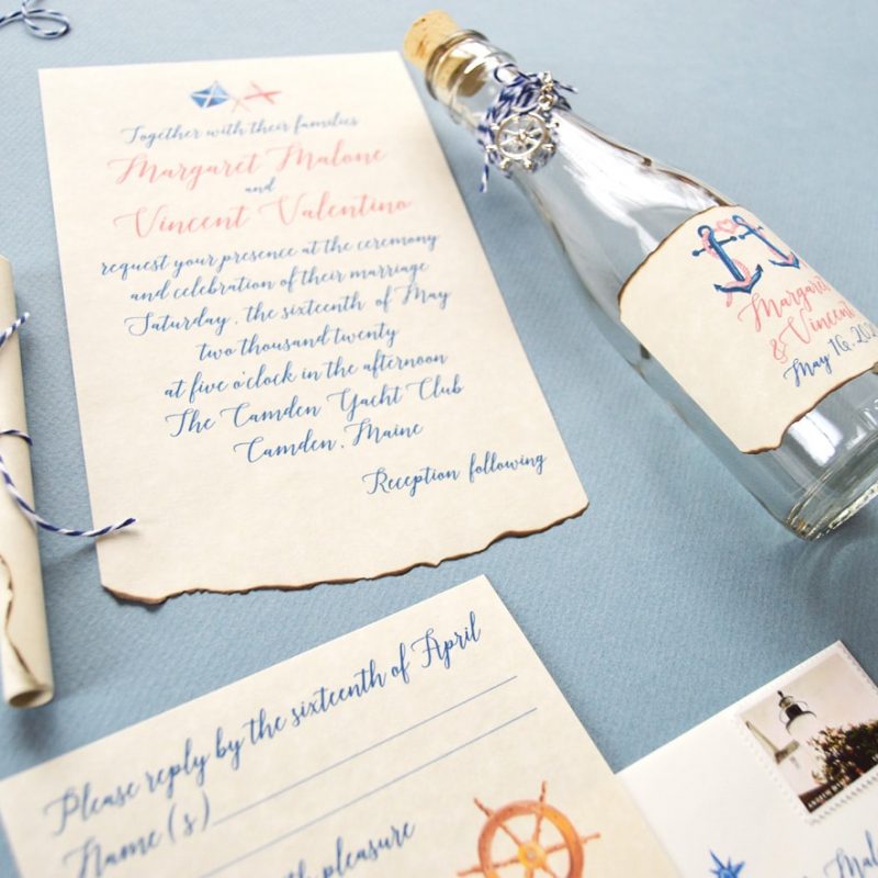 Creative nautical bottle wedding invitations by artist Michelle Mospens. | Mospens Studio