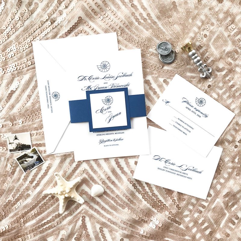 Elegant nautical wedding invitation with hand-illustrated nautilus shell. | Mospens Studio