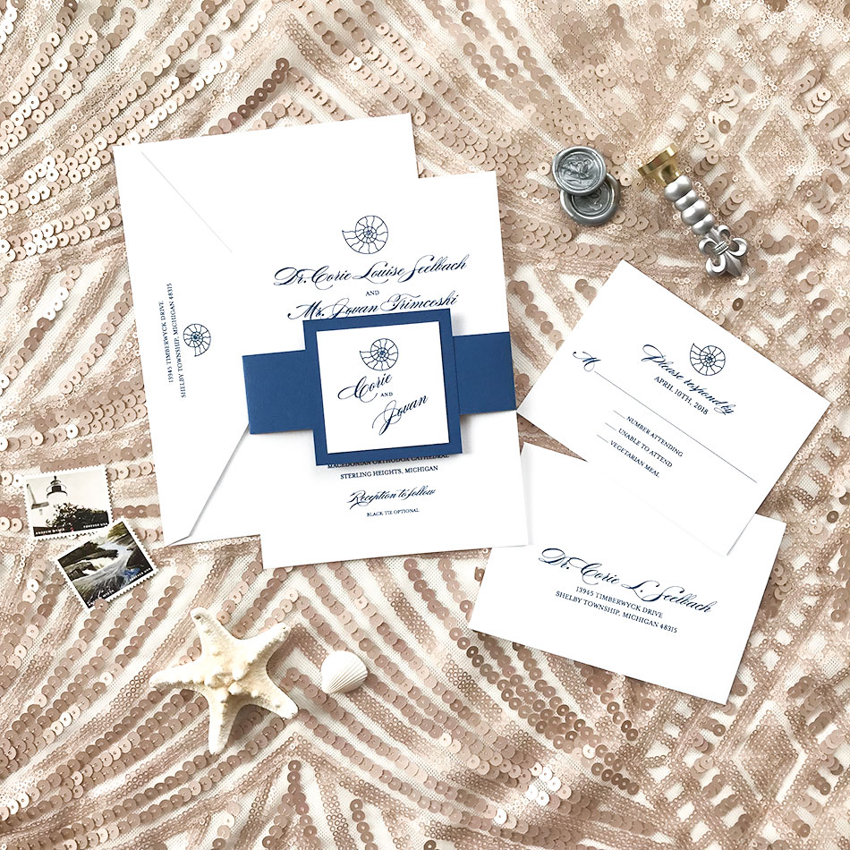 27 Sea-worthy Nautical Wedding Invitations. Elegant nautical wedding invitation with hand-illustrated nautilus shell. | Mospens Studio