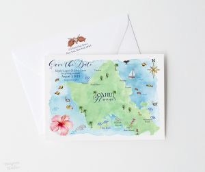 Fun & creative illustrated watercolor Oahu, Hawaii map save the date cards by artist Michelle Mospens. - Mospens Studio