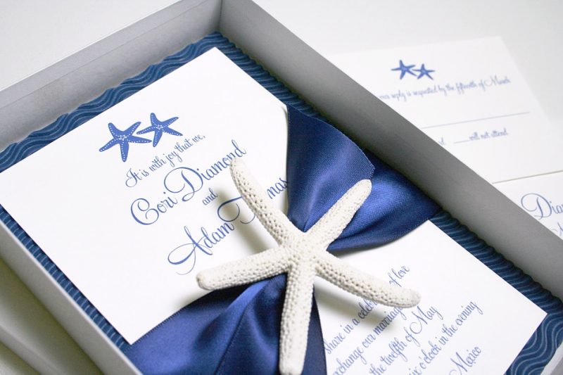 Starfish nautical wedding invitations by Mospens Studio.