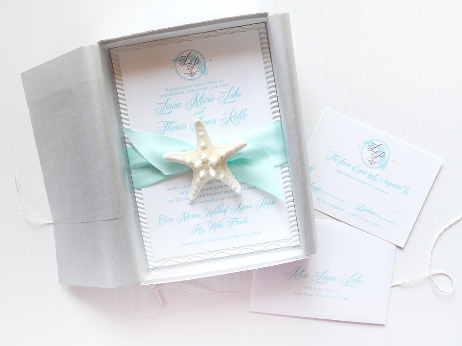 Starfish nautical wedding invitations by Mospens Studio.