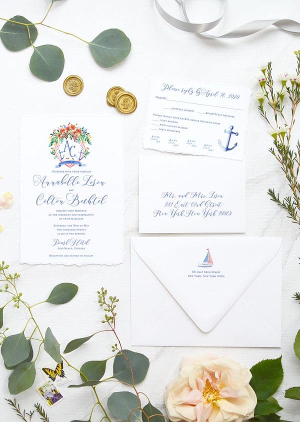 Nautical wedding invitations with watercolor wedding crest, anchors, sailboat by artist Michelle Mospens. | Mospens Studio