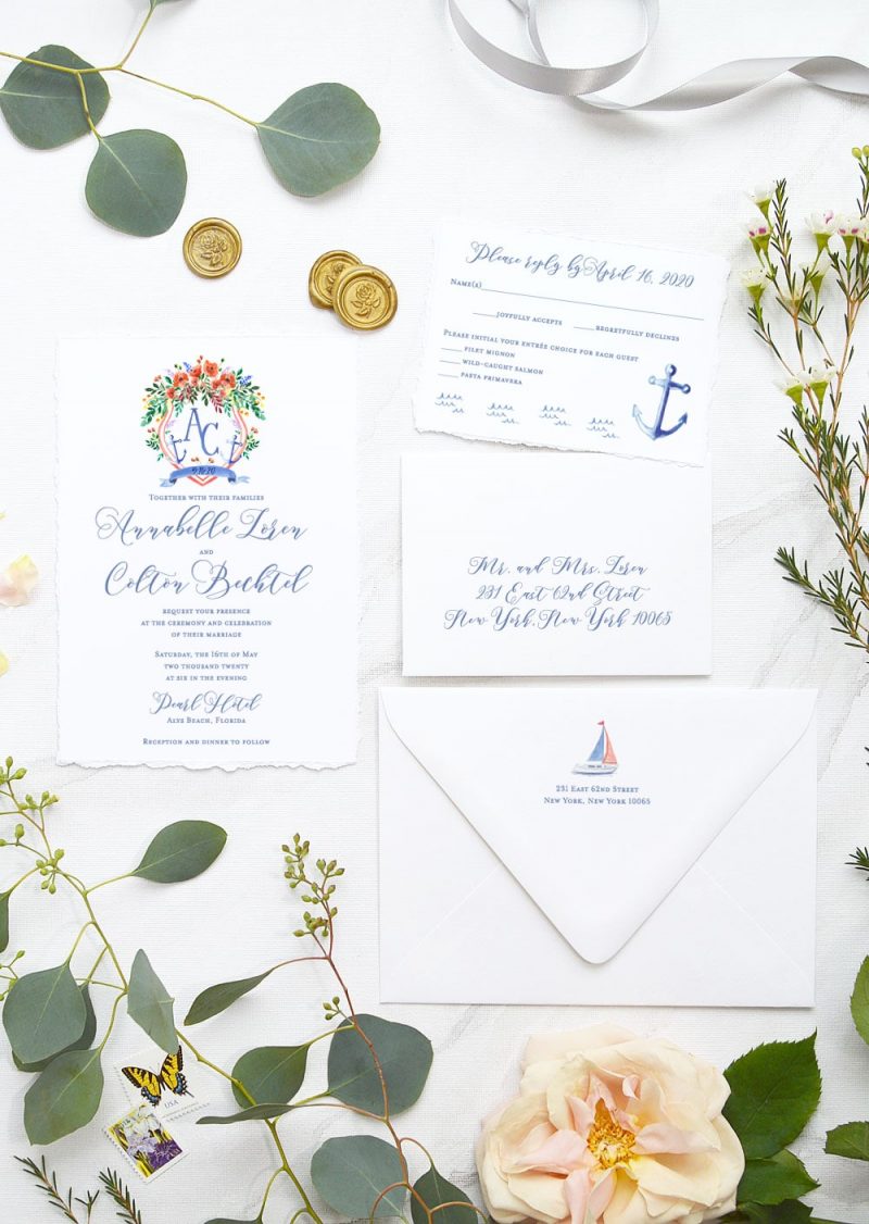 Nautical wedding invitations with watercolor wedding crest, anchors, sailboat by artist Michelle Mospens. | Mospens Studio