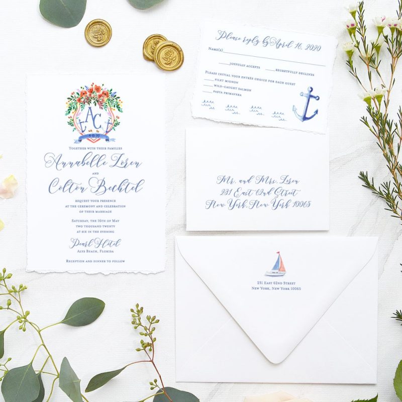 Nautical wedding invitations with watercolor wedding crest, anchors, sailboat by artist Michelle Mospens. | Mospens Studio