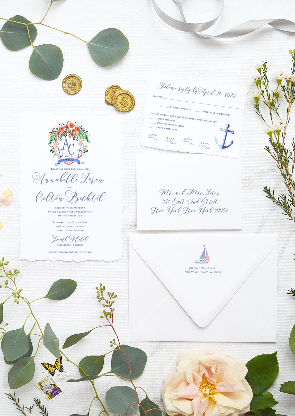 27 Sea-worthy Nautical Wedding Invitations. Nautical wedding invitations with watercolor wedding crest, anchors, sailboat by artist Michelle Mospens. | Mospens Studio