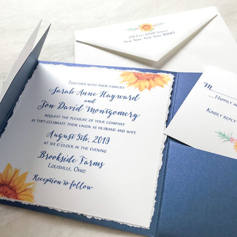 Watercolor sunflower folder wedding invitation by artist Michelle Mospens. | Mospens Studio