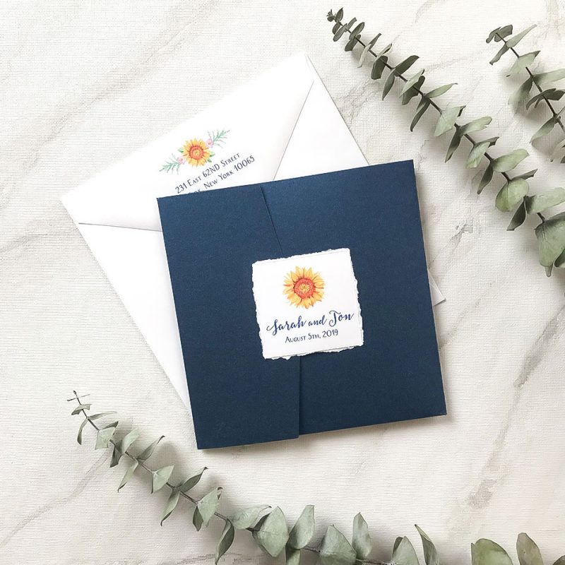 Watercolor sunflower folder wedding invitation by artist Michelle Mospens. | Mospens Studio