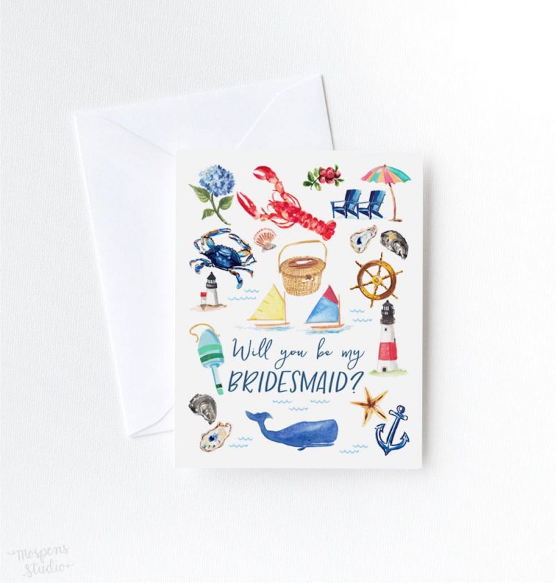 Will You Be My Bridesmaid? greeting card by artist Michelle Mospens. Perfect for a wedding in Nantucket, Massachusetts. - Mospens Studio