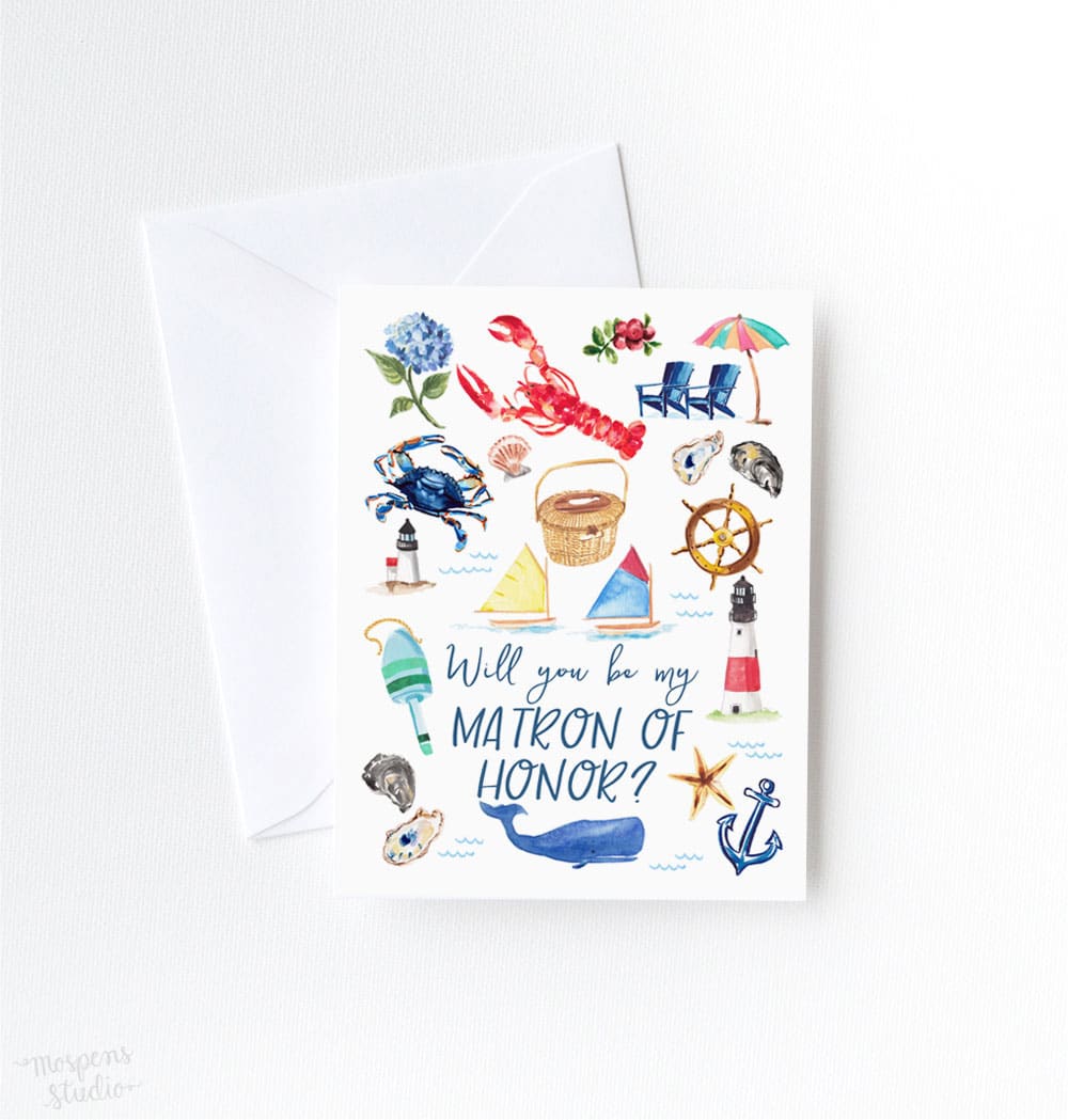 Will You Be My Matron of Honor? greeting card by artist Michelle Mospens. Perfect for a wedding in Nantucket, Massachusetts. - Mospens Studio