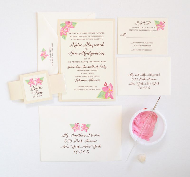 Hand-painted tropical floral wedding invitations by artist Michelle Mospens. - Mospens Studio