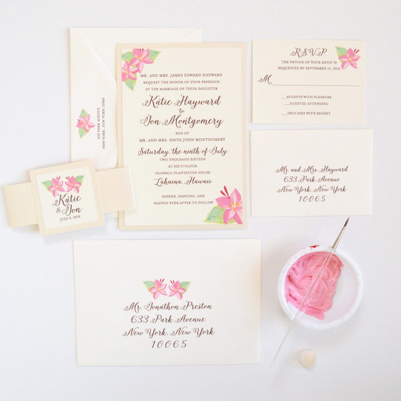 Hand-painted tropical floral wedding invitations by artist Michelle Mospens. - Mospens Studio