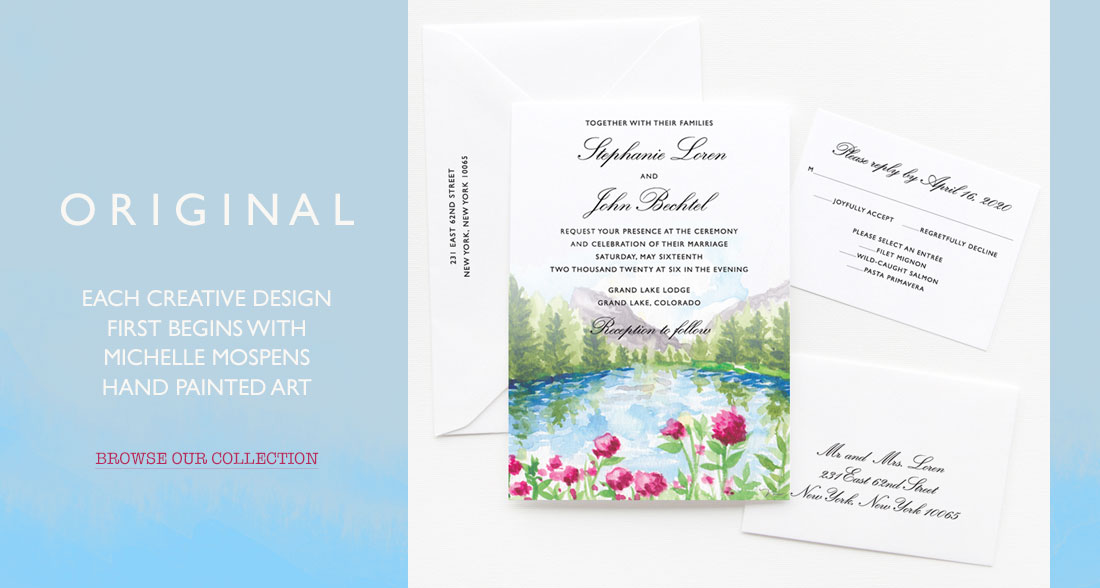 Hand-painted watercolor custom wedding invitations by artist Michelle Mospens. - Mospens Studio