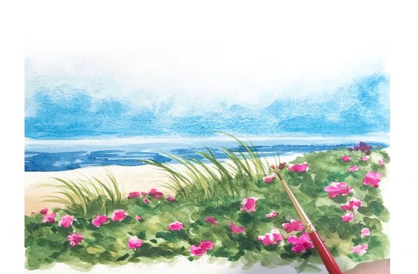 Hand-painted beach watercolor painting by artist Michelle Mospens.