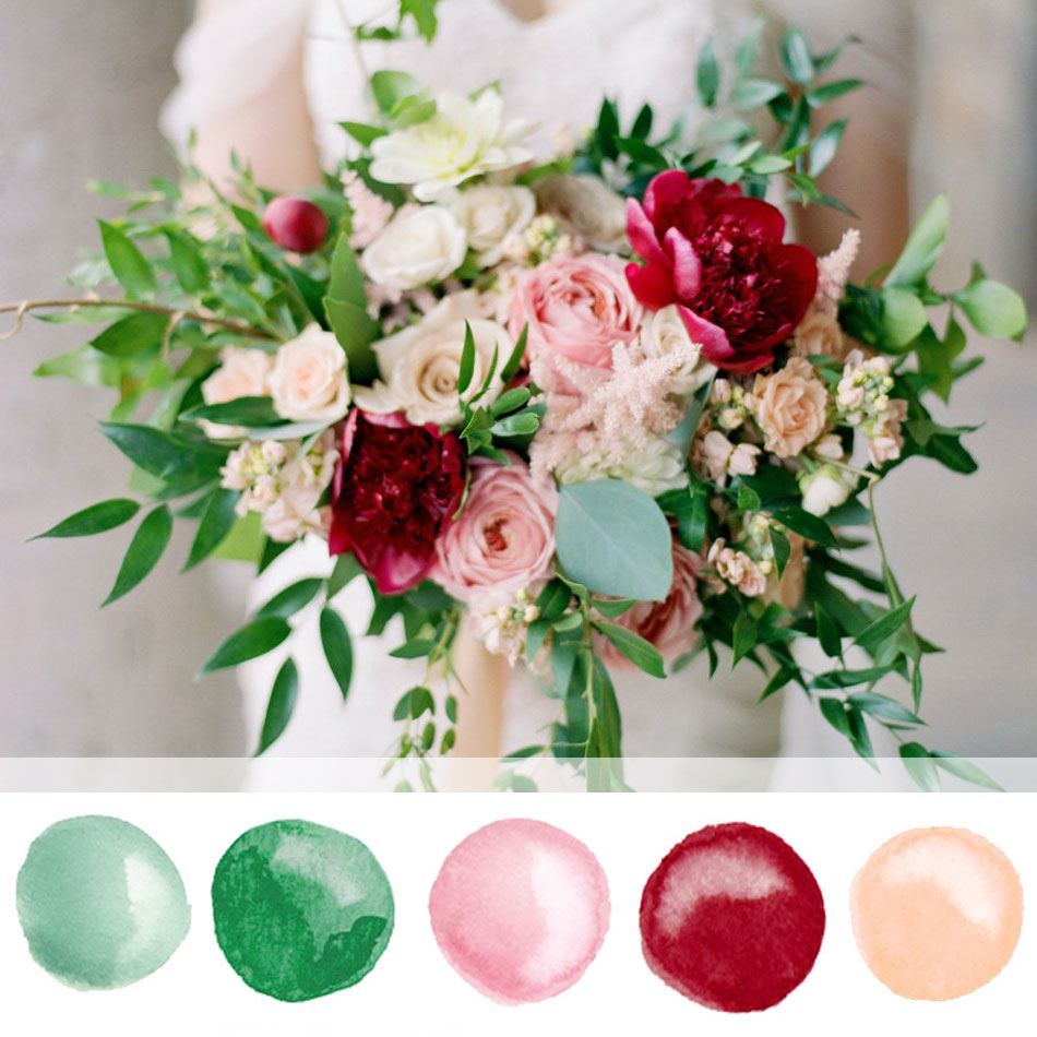 Beautiful! Loving this burgundy, green, blush pink, and beige peach wedding color inspo. Perfect for a Summer or Fall Wedding. - Mospens Studio