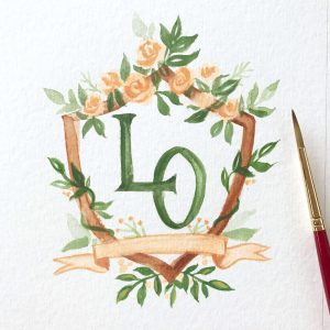 Hand-painted wedding crest by artist Michelle Mospens. - Mospens Studio