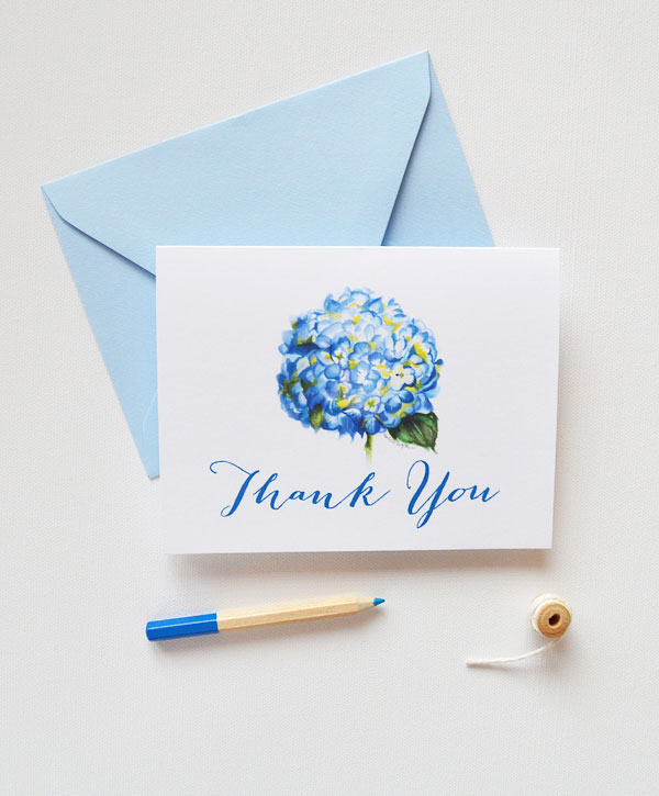 Watercolor hydrangea thank you folder cards by artist Michelle Mospens. - Mospens Studio