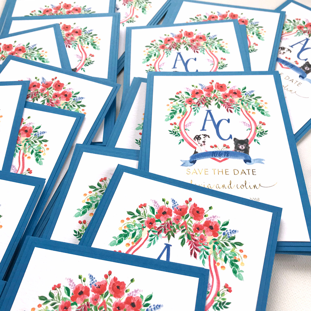 Custom Watercolor Wedding Invitations with gold foil printing, hand-painted illustration, and thick blue layers. Original design by artist Michelle Mospens. - Mospens Studio