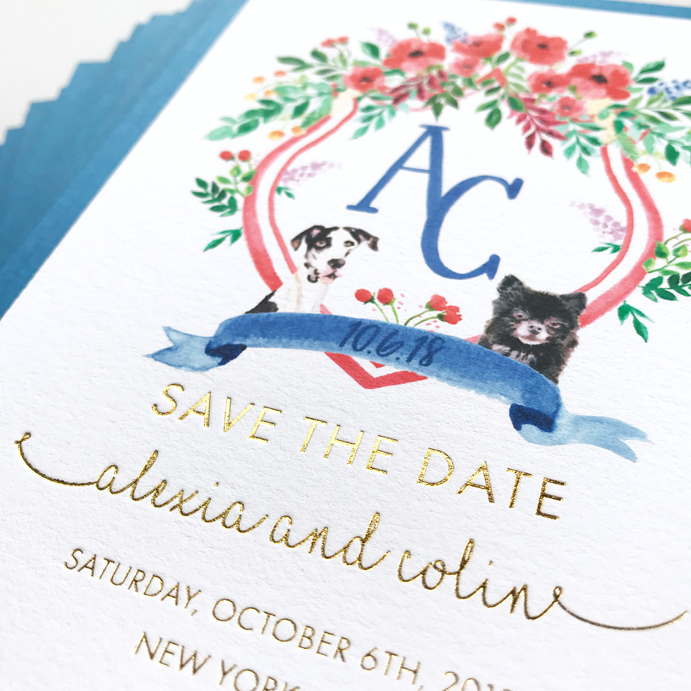 Custom Watercolor Wedding Invitations with gold foil printing, hand-painted illustration, and thick blue layers. Original design by artist Michelle Mospens. - Mospens Studio