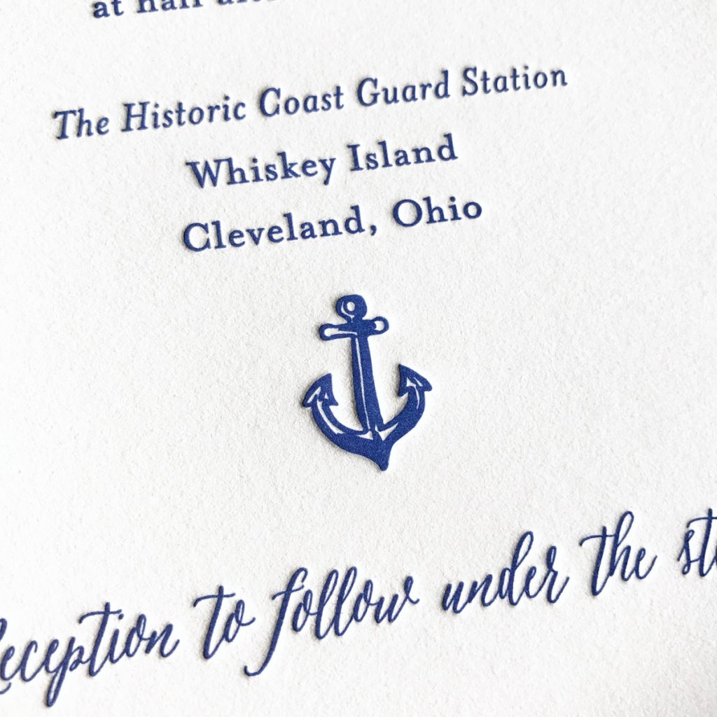 Blue anchor letterpress wedding invitations. - Mospens Studio