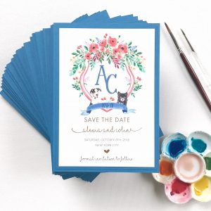 Custom Watercolor Wedding Invitations with gold foil printing, hand-painted illustration, and thick blue layers. Original design by artist Michelle Mospens. - Mospens Studio