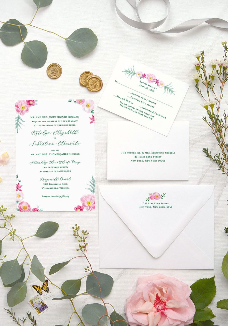 June Flowers watercolor wedding invitation suite by artist Michelle Mospens. - Mospens Studio