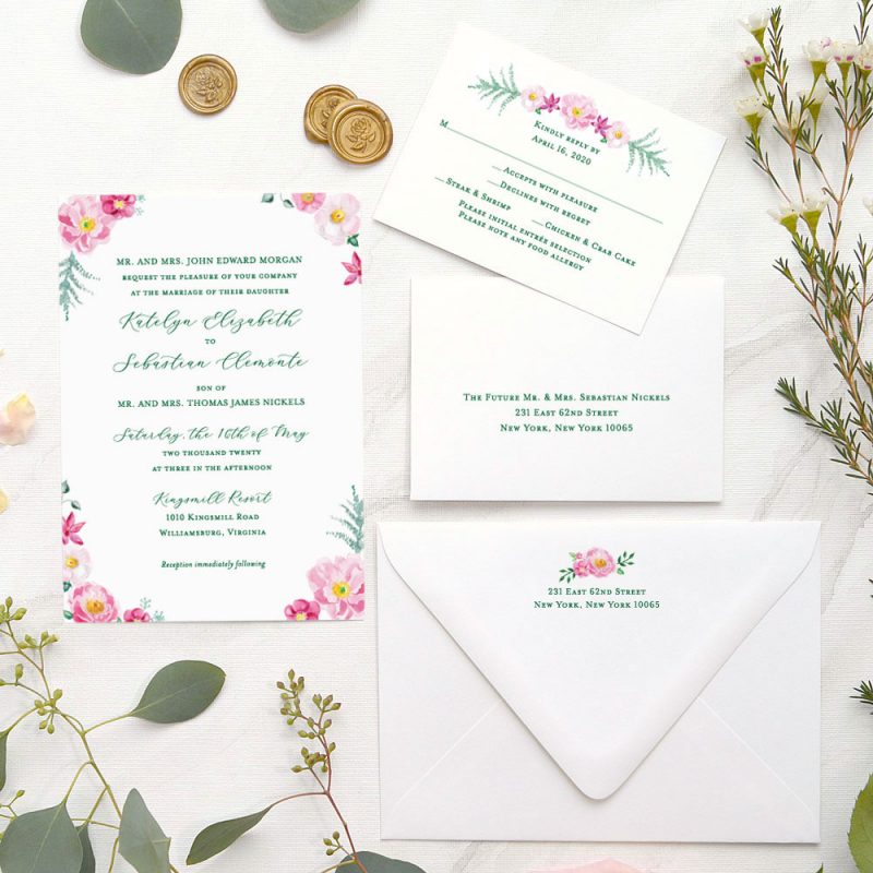 June Flowers watercolor wedding invitation suite by artist Michelle Mospens. - Mospens Studio