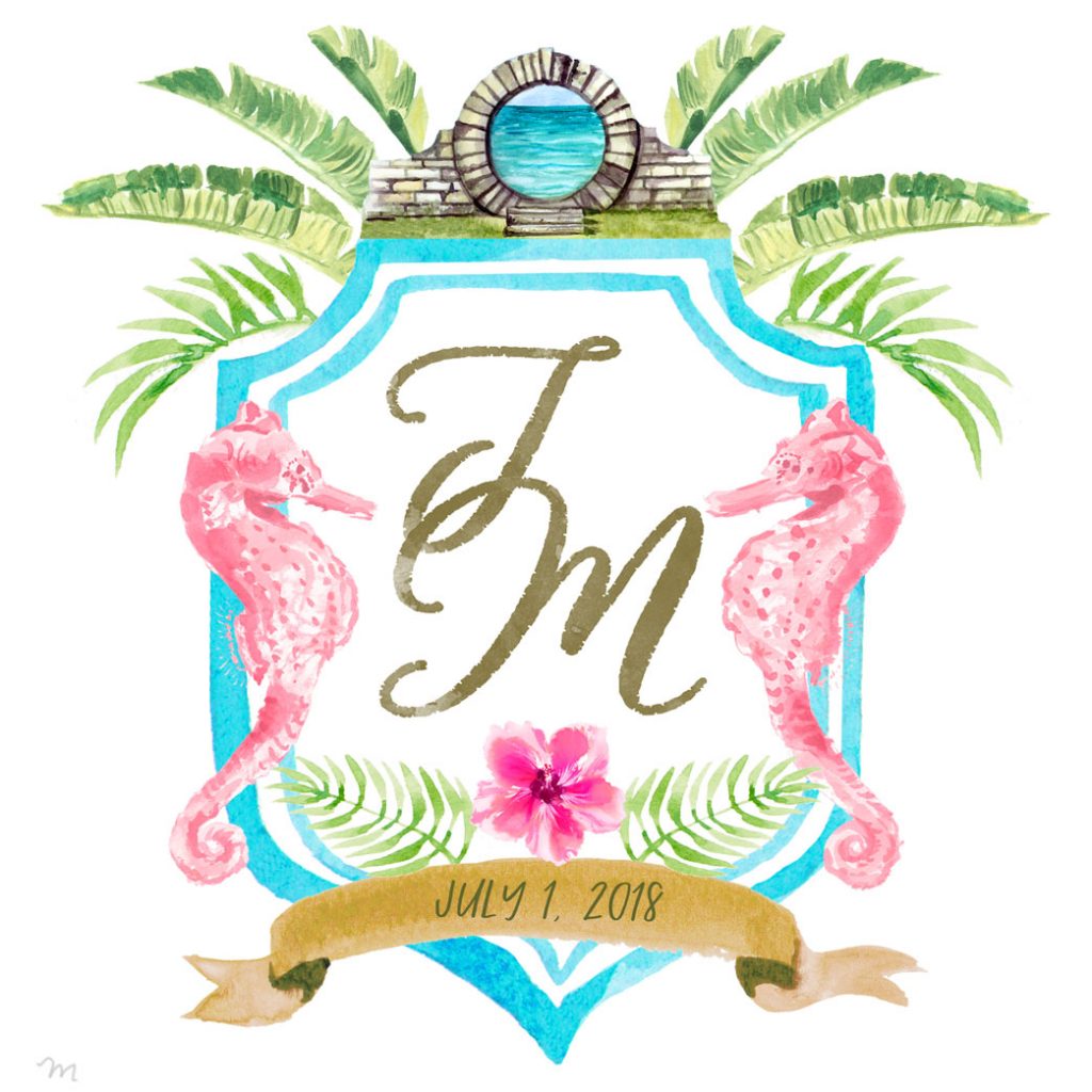 Hand-painted wedding crest for a tropical wedding in Bermuda by Michelle Mospens. - Mospens Studio