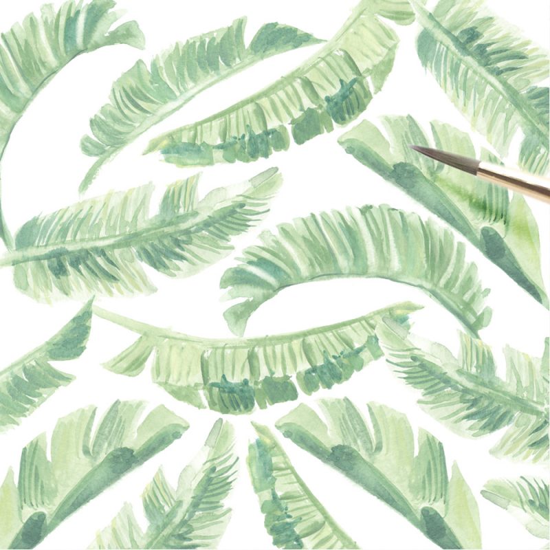 Hand-painted banana leaves in watercolor by artist Michelle Mospens. - Mospens Studio