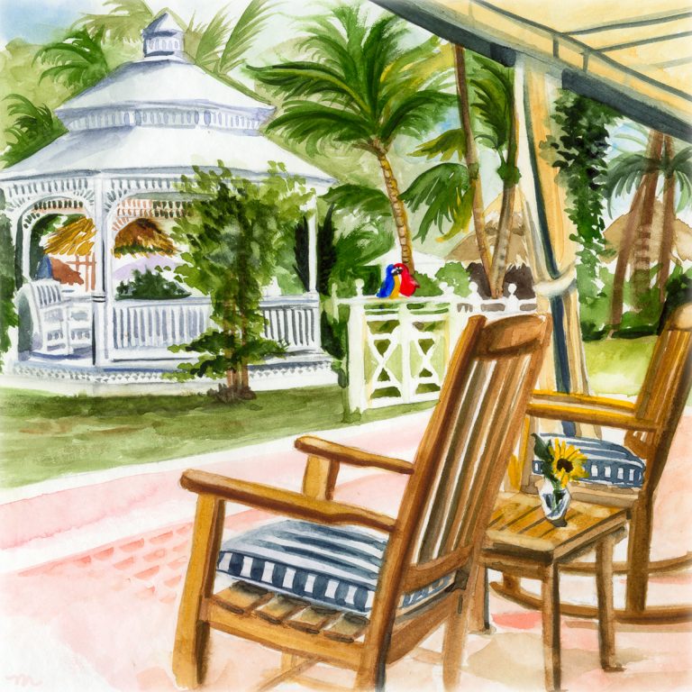 Hand-painted watercolor tropical gazebo art by Michelle Mospens. Original illustration for a tropical wedding. - Mospens Studio
